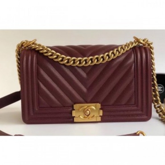 Chanel Caviar Leather Chevron Boy Flap Medium Bag Burgundy/Gold AQ01730 Chanel Caviar Leather Chevron Boy Flap Medium Bag Burgundy/Gold AQ01730