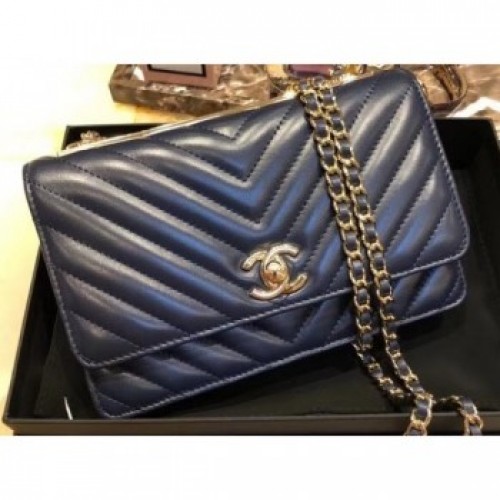 Chanel Lambskin Chevron Trendy CC Wallet On Chain WOC Bag A84456 Dark Blue 2018 AQ02873 Chanel Lambskin Chevron Trendy CC Wallet On Chain WOC Bag A84456 Dark Blue 2018 AQ02873