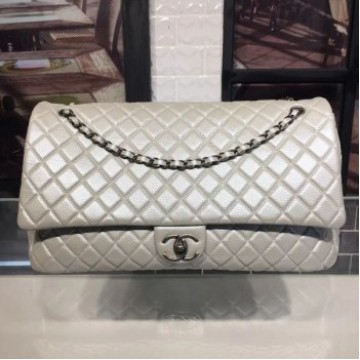 Chanel Quilted Calfskin Maxi Classic Flap Boarding Bag A91169 Light Gray 2020 Collection AQ00852 Chanel Quilted Calfskin Maxi Classic Flap Boarding Bag A91169 Light Gray 2020 Collection AQ00852