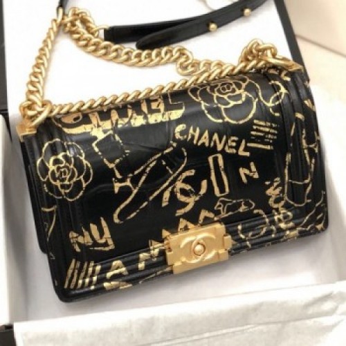 Chanel Crocodile Embossed Graffiti Leather Medium Boy Flap Bag A67086 Black 2019 Collection AQ02507 Chanel Crocodile Embossed Graffiti Leather Medium Boy Flap Bag A67086 Black 2019 Collection AQ02507