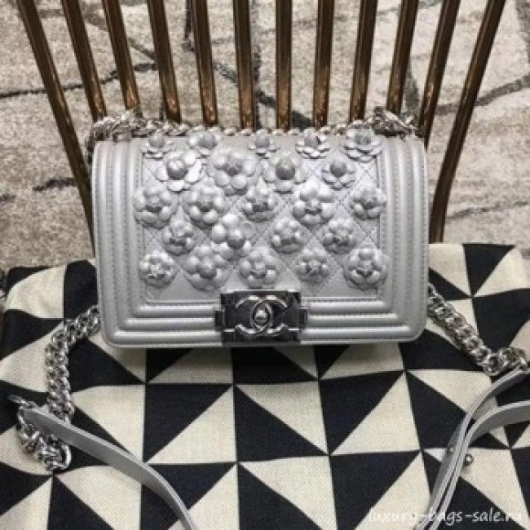 Chanel Camellia Small Boy Flap Bag A67085 Silver 2019 Collection AQ03878 Chanel Camellia Small Boy Flap Bag A67085 Silver 2019 Collection AQ03878