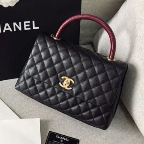 Chanel Grained Calfskin Medium Coco Flap Bag With Lizard Leather Handle Black (Quality)) Collection AQ00840