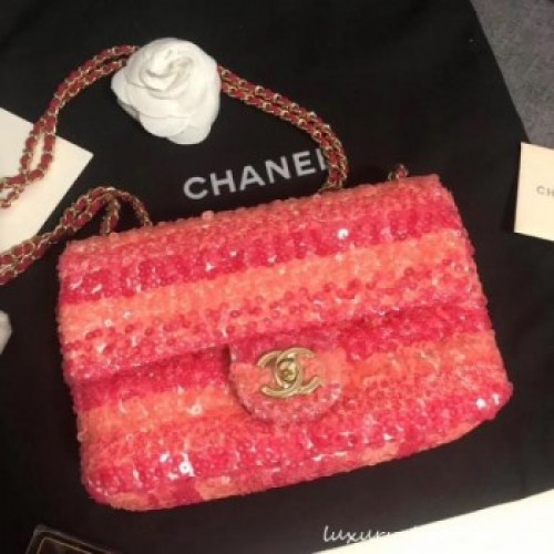 Chanel flap bag equins Lambskin gold-Tone Metal AS0195 pink AQ00808 Chanel flap bag equins Lambskin gold-Tone Metal AS0195 pink AQ00808