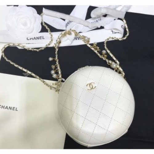 Chanel City Box Round Evening Bag with Pearl Chain AS0203 White 2019 AQ00952 Chanel City Box Round Evening Bag with Pearl Chain AS0203 White 2019 AQ00952