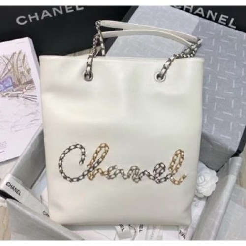 Chanel Calfskin & Chain Logo Shopping Bag White 2020 Collection AQ00582 Chanel Calfskin & Chain Logo Shopping Bag White 2020 Collection AQ00582