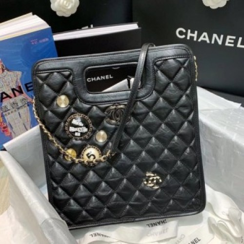 Chanel Aged Calfskin Small Shopping Bag With Charm AS1431 Black 2020 Collection AQ02387 Chanel Aged Calfskin Small Shopping Bag With Charm AS1431 Black 2020 Collection AQ02387