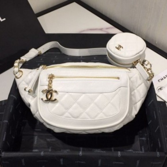 Chanel Quilted Aged Calfskin Waist Bag/Belt Bag and Coin Purse AS1077 White 2019 Collection AQ03468 Chanel Quilted Aged Calfskin Waist Bag/Belt Bag and Coin Purse AS1077 White 2019 Collection AQ03468