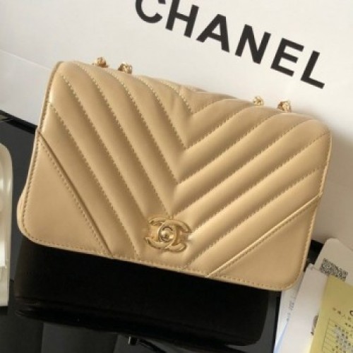 Chanel Chevron Smooth Calfskin Small Flap Bag A91586 Beige 2019 Collection AQ03519