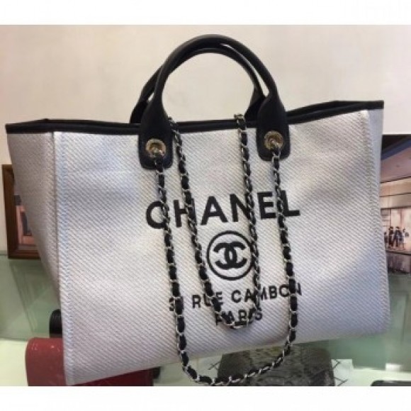 Chanel Deauville Canvas Tote Medium Shopping Bag White/Black AQ04304 Chanel Deauville Canvas Tote Medium Shopping Bag White/Black AQ04304