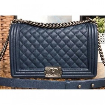 Chanel Caviar Leather Boy Flap Medium Bag Navy Blue/Silver AQ03809 Chanel Caviar Leather Boy Flap Medium Bag Navy Blue/Silver AQ03809