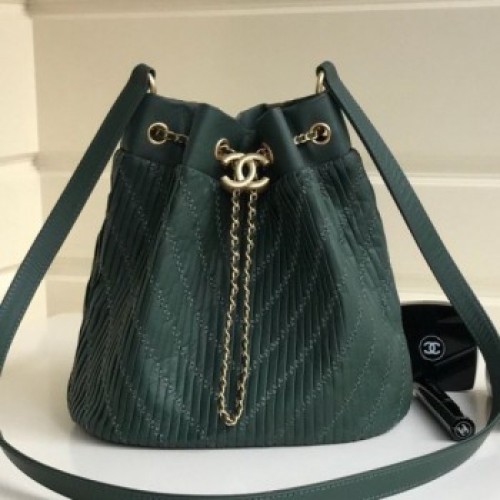 Chanel Chevron Pleated Bucket Bag Green 2019 Collection AQ02773 Chanel Chevron Pleated Bucket Bag Green 2019 Collection AQ02773