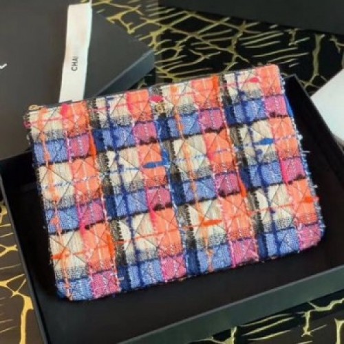 Chanel Tweed Medium Pouch Orange/Blue/Pink 2020 Collection AQ01191 Chanel Tweed Medium Pouch Orange/Blue/Pink 2020 Collection AQ01191