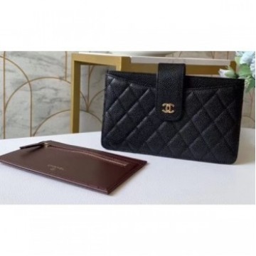 Chanel Classic Pouch Clutch Bag With Card Holder A81902 Grained Calfskin Black/Gold AQ04267