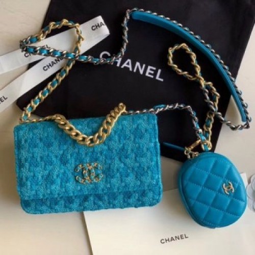 Chanel 19 Tweed Wallet on Chain WOC and Coin Purse AP0985 Blue 2019 Collection AQ02645 Chanel 19 Tweed Wallet on Chain WOC and Coin Purse AP0985 Blue 2019 Collection AQ02645