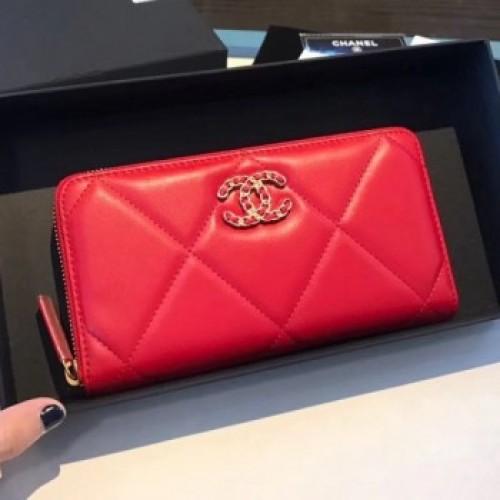 Chanel 19 Goatskin Long Zipped Wallet AP1063 Cerise Red 2019 Collection AQ01427 Chanel 19 Goatskin Long Zipped Wallet AP1063 Cerise Red 2019 Collection AQ01427