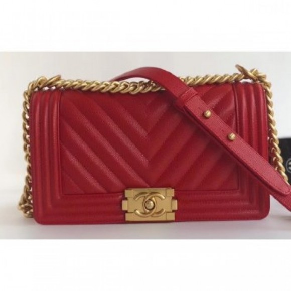 Chanel Caviar Leather Chevron Boy Flap Medium Bag Red/Gold AQ01847 Chanel Caviar Leather Chevron Boy Flap Medium Bag Red/Gold AQ01847