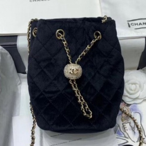 Chanel Quilted Velvet Drawstring Bucket Bag with Crystal Ball Charm AS1894 Black 2020 Collection AQ01069