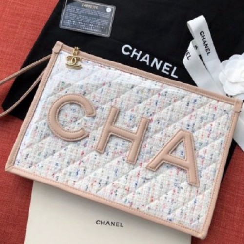 Chanel PVC and Tweed Large Pouch AP0360 Nude 2019 Collection AQ03619 Chanel PVC and Tweed Large Pouch AP0360 Nude 2019 Collection AQ03619