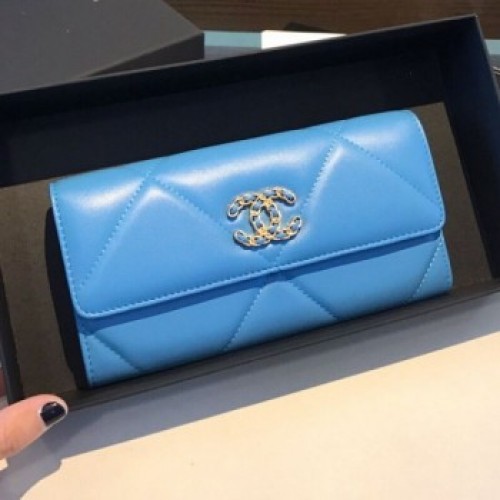 Chanel 19 Goatskin Long Flap Wallet AP0955 Blue 2019 Collection AQ00631 Chanel 19 Goatskin Long Flap Wallet AP0955 Blue 2019 Collection AQ00631