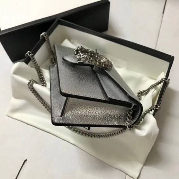 Dionysus Super Mini Bag In Silver Lame Leather