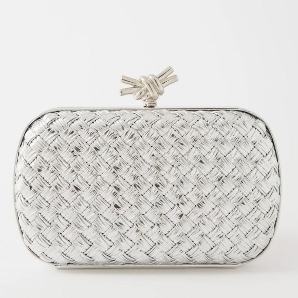 Bo*te*ga ve*ne*ta knot minaudiere clutch in silver intreccio laminated leather