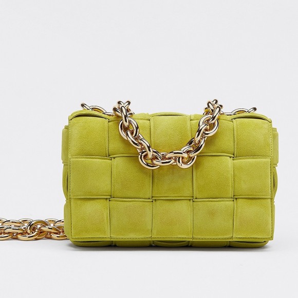 Bo*te*ga ve*ne*ta chain cassette bag in kiwi intrecciato suede calfskin