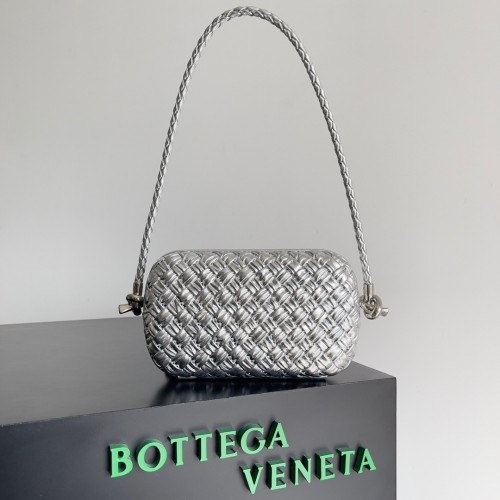 Bottega Veneta Knot Minaudiere On Strap In Silver Intreccio Laminated Leather