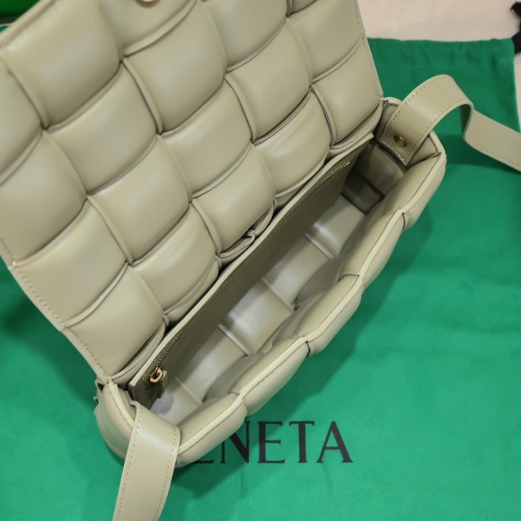 Bo*te*ga ve*ne*ta padded cassette bag in travertine intrecciato lambskin