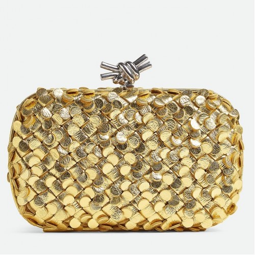 Bottega Veneta Knot Minaudiere Clutch in Gold Sequins Laminated Leather