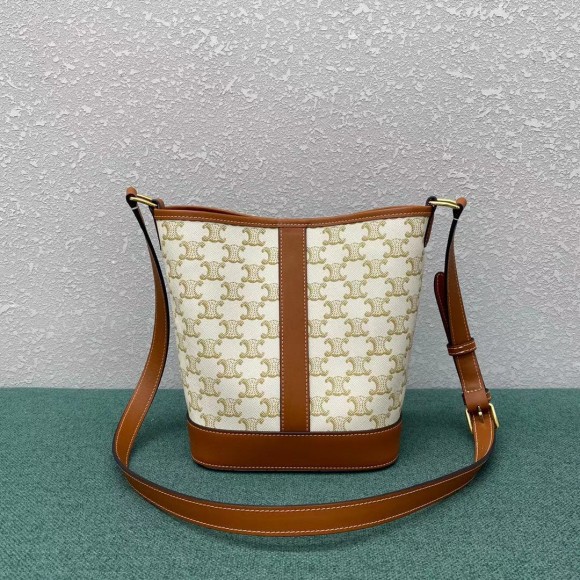 Ce**e small bucket bag in white triomphe canvas