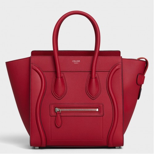 Celine Micro Luggage Tote Bag In Red Drummed Calfskin