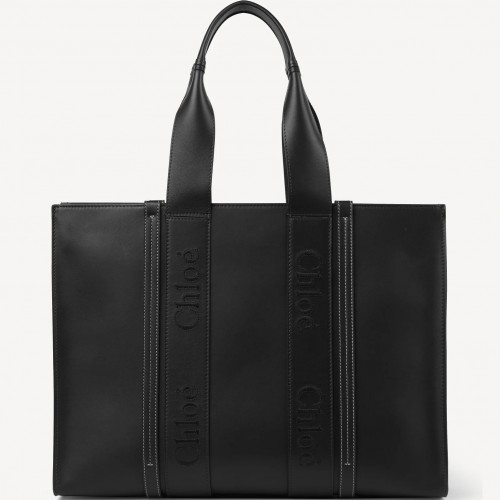 Chloe Woody Large Tote Bag In Black Calfskin