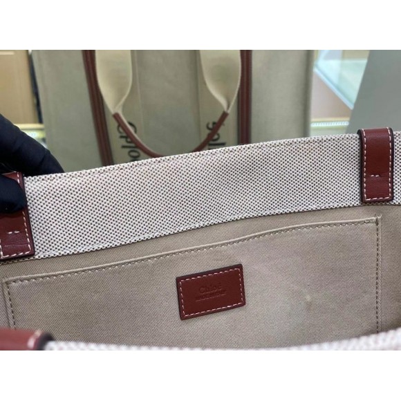 Chloe Large Woody Tote Bag in Canvas with Brown Leather Strips