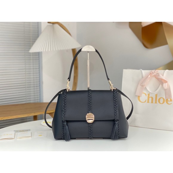 Chloe Penelope Medium Shoulder Bag in Black Grained Calfskin