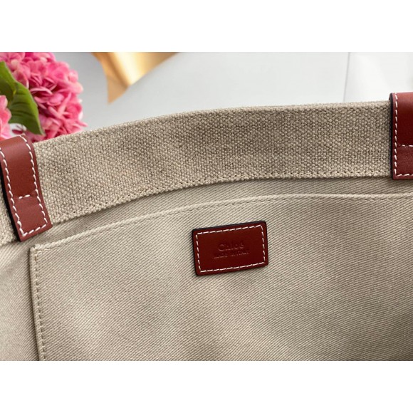 Chloe Woody Large Tote Bag in Linen Canvas with Brown Leather