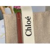 Chloe Woody Medium Tote Bag in Linen Canvas with Brown Leather