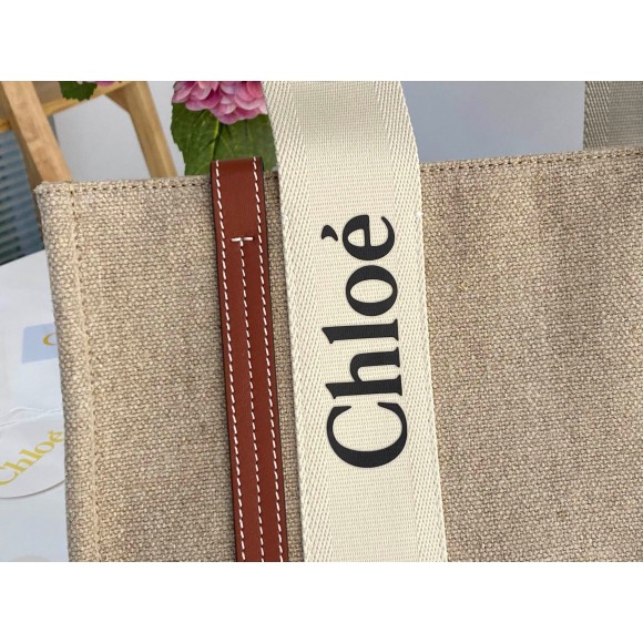 Chloe Woody Medium Tote Bag in Linen Canvas with Brown Leather