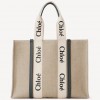 Chloe Woody Large Tote Bag in Linen Canvas with Navy Blue Leather
