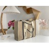 Chloe Woody Large Tote Bag in Linen Canvas with Navy Blue Leather