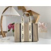 Chloe Woody Large Tote Bag in Linen Canvas with Navy Blue Leather
