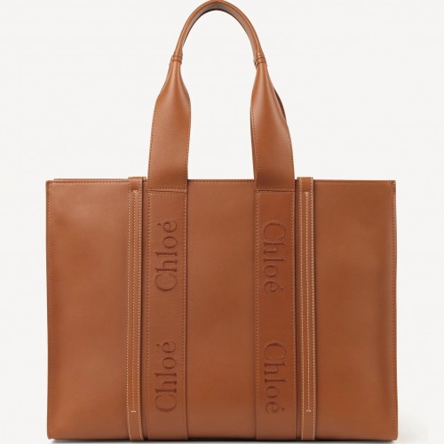 Chloe Woody Large Tote Bag In Brown Calfskin