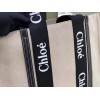 Chloe Large Woody Tote Bag in Canvas with Black Leather Strips