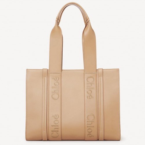 Chloe Woody Medium Tote Bag In Beige Calfskin