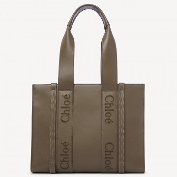 Chloe Woody Medium Tote Bag In Army Green Calfskin Chloe Woody Medium Tote Bag In Army Green Calfskin