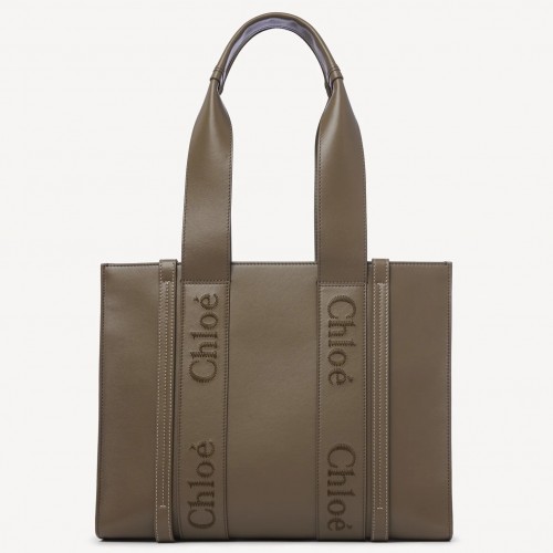 Chloe Woody Medium Tote Bag In Army Green Calfskin