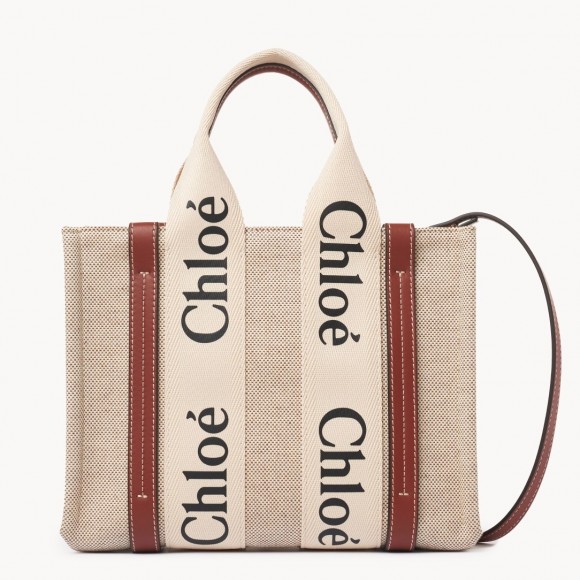 Chloe Small Woody Tote Bag in Canvas with Brown Leather Strips