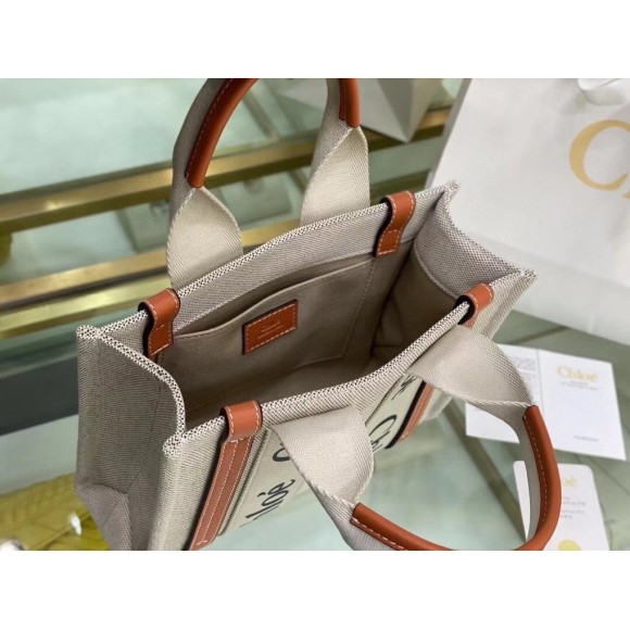 Chloe Small Woody Tote Bag in Canvas with Brown Leather Strips