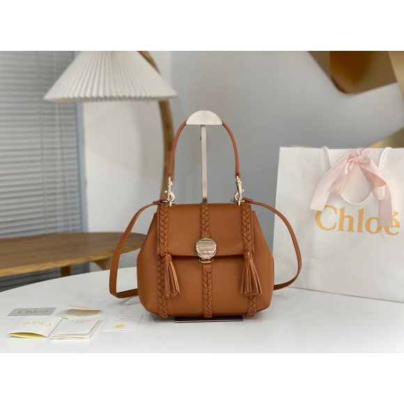 Chloe Penelope Small Shoulder Bag in Brown Grained Calfskin