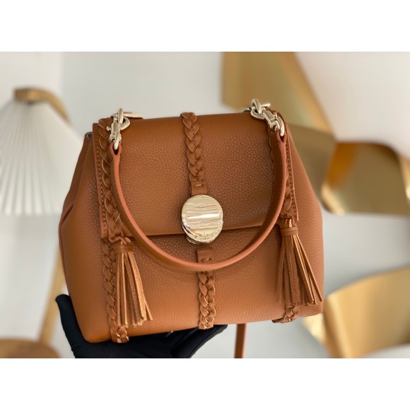 Chloe Penelope Small Shoulder Bag in Brown Grained Calfskin