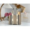 Chloe Woody Medium Tote Bag in Linen Canvas with Navy Blue Leather